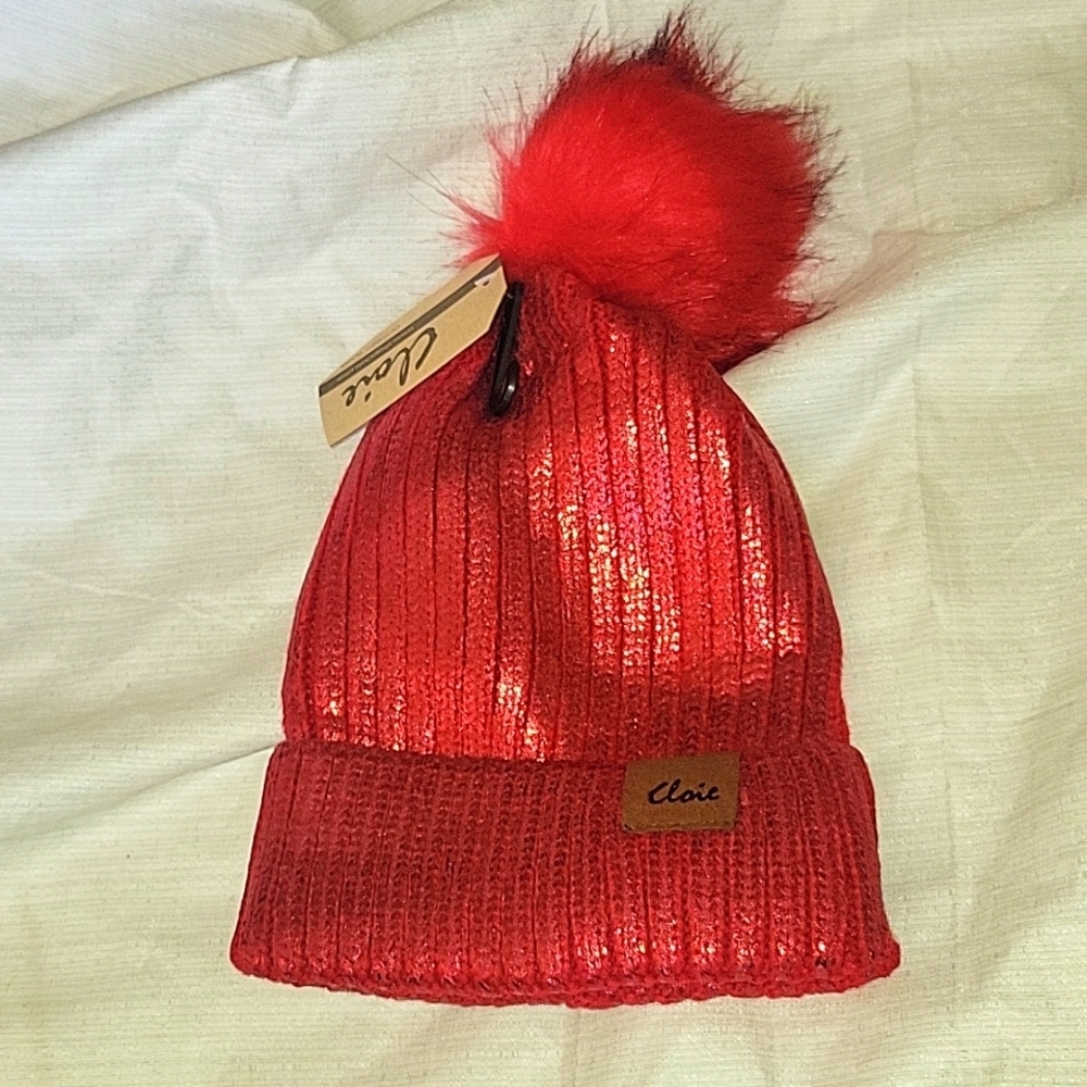 Cloie Red Metallic Beanie NWT Detachable Pompom One Size